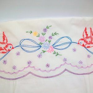 Vintage Embroidered Birds Floral Bouquet Pillowcase Queen Size